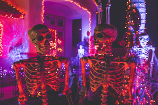 two skeletons outside of house with halloween decorations halloween party ideas for adults