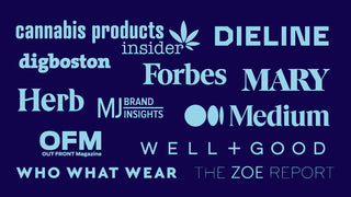 Mosaic of Publication Logos in a light blue color on a dark blue background. The logos read from upper left to right, Cannabis Products Insider, Dieline, DigBoston, Forbes, Mary, Herb, MJBrandsInsights, Medium, Out Front Magazine, Well Good, Who What Wear, and The Zoe Report.