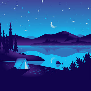 Key art of the Camino Sleep Midnight Blueberry Tin Design featuring a lake at night surrounded by mountains and a starry night sky. The foreground has dark blue bushes and a tent by the lakeside.