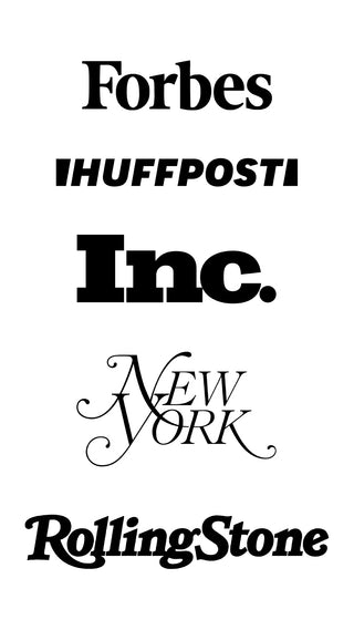 Composite Image of Logos that Kiva Confections has been featured including in a top down order: Forbes, Huffpost, Rolling Stone, New York Magazine, INC Magazine.